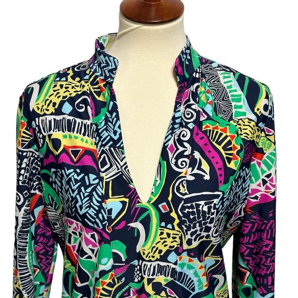 Jude Connally “Chris” Colorful Print LS Collared Deep V-neckline Top Size Medium - Picture 5 of 11